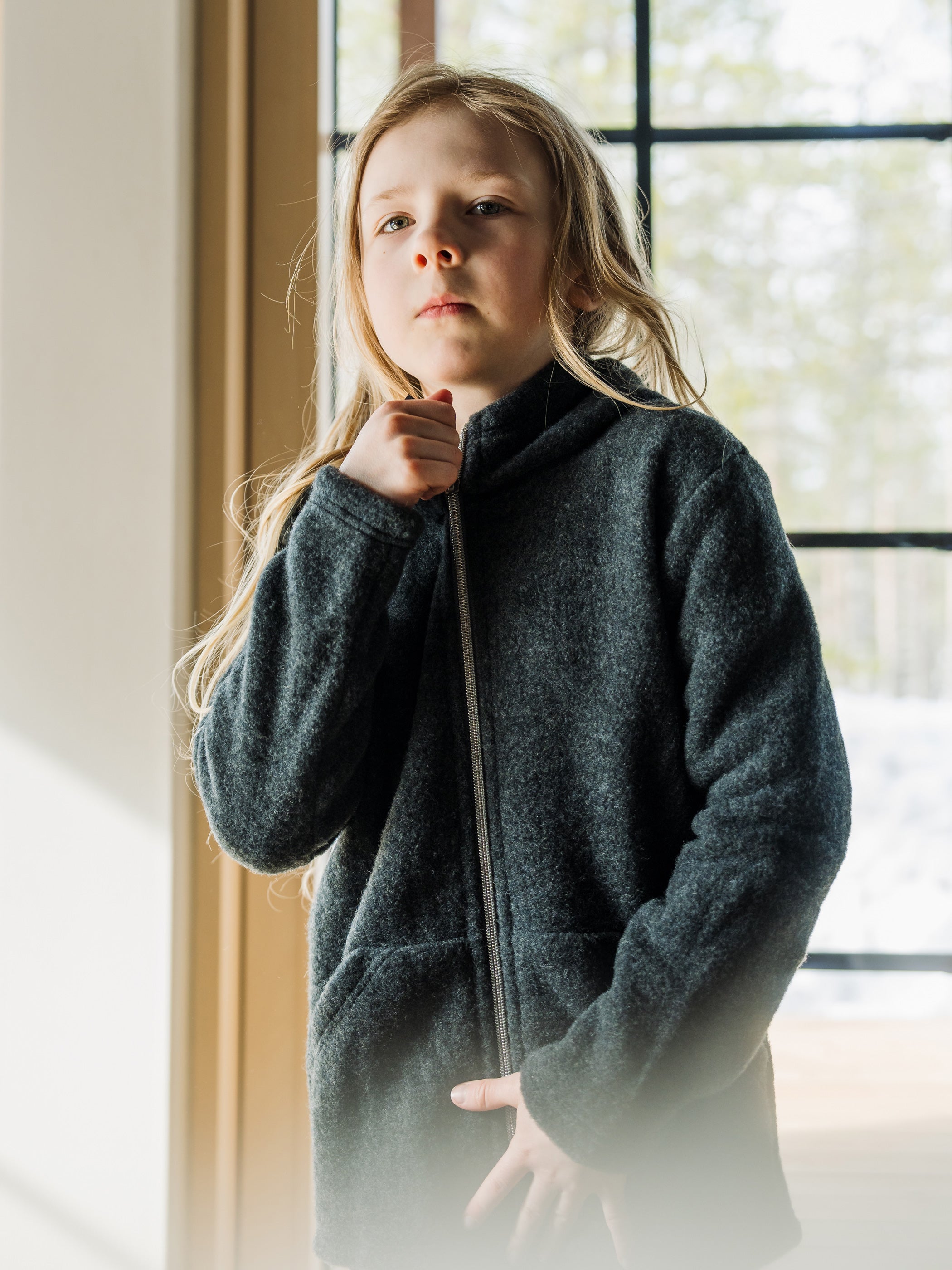 Children's wool fleece jacket with hood, sky blue