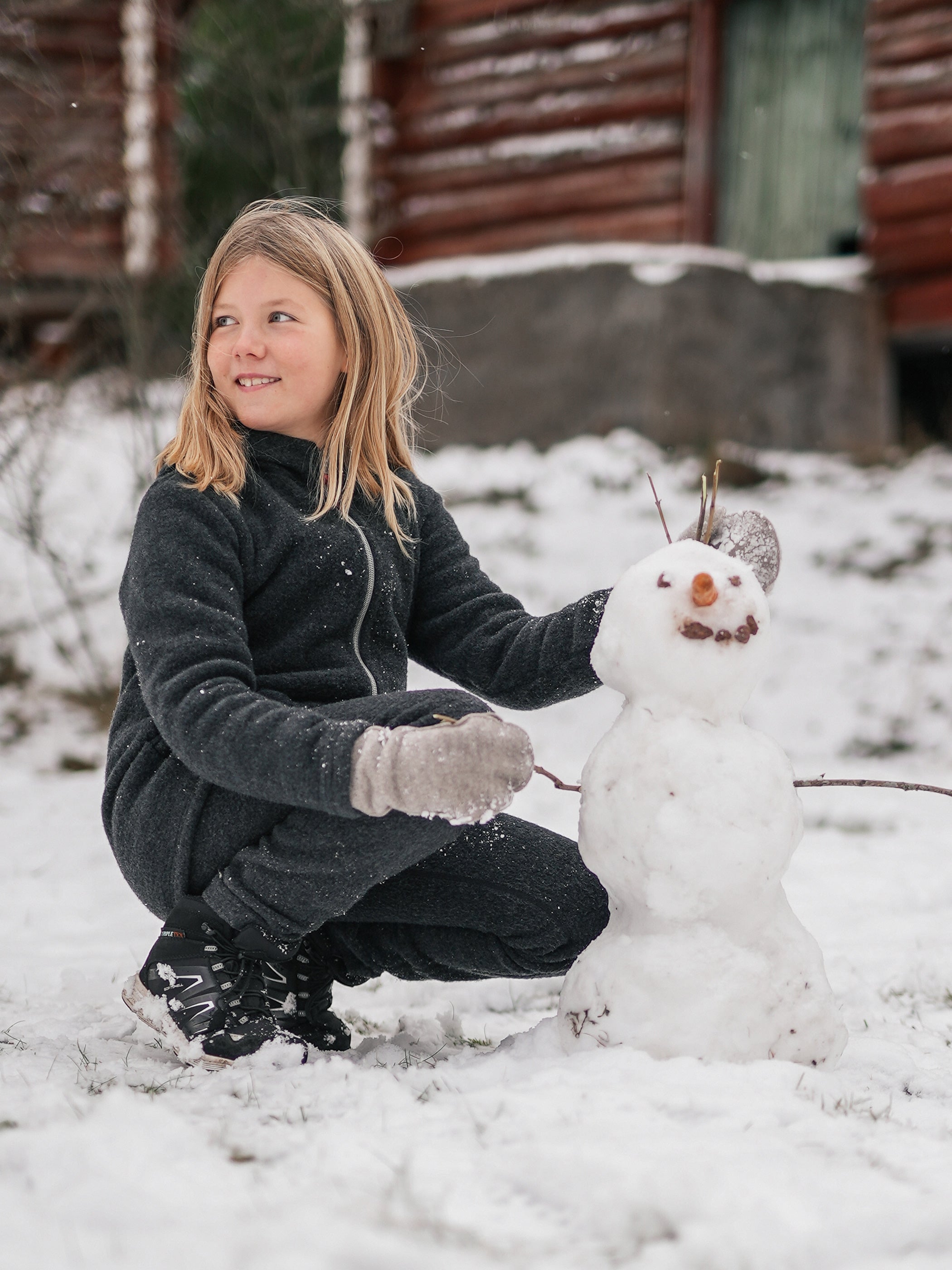 Lasten villafleecetakki ja housut, antrasiitti, lapaset greige